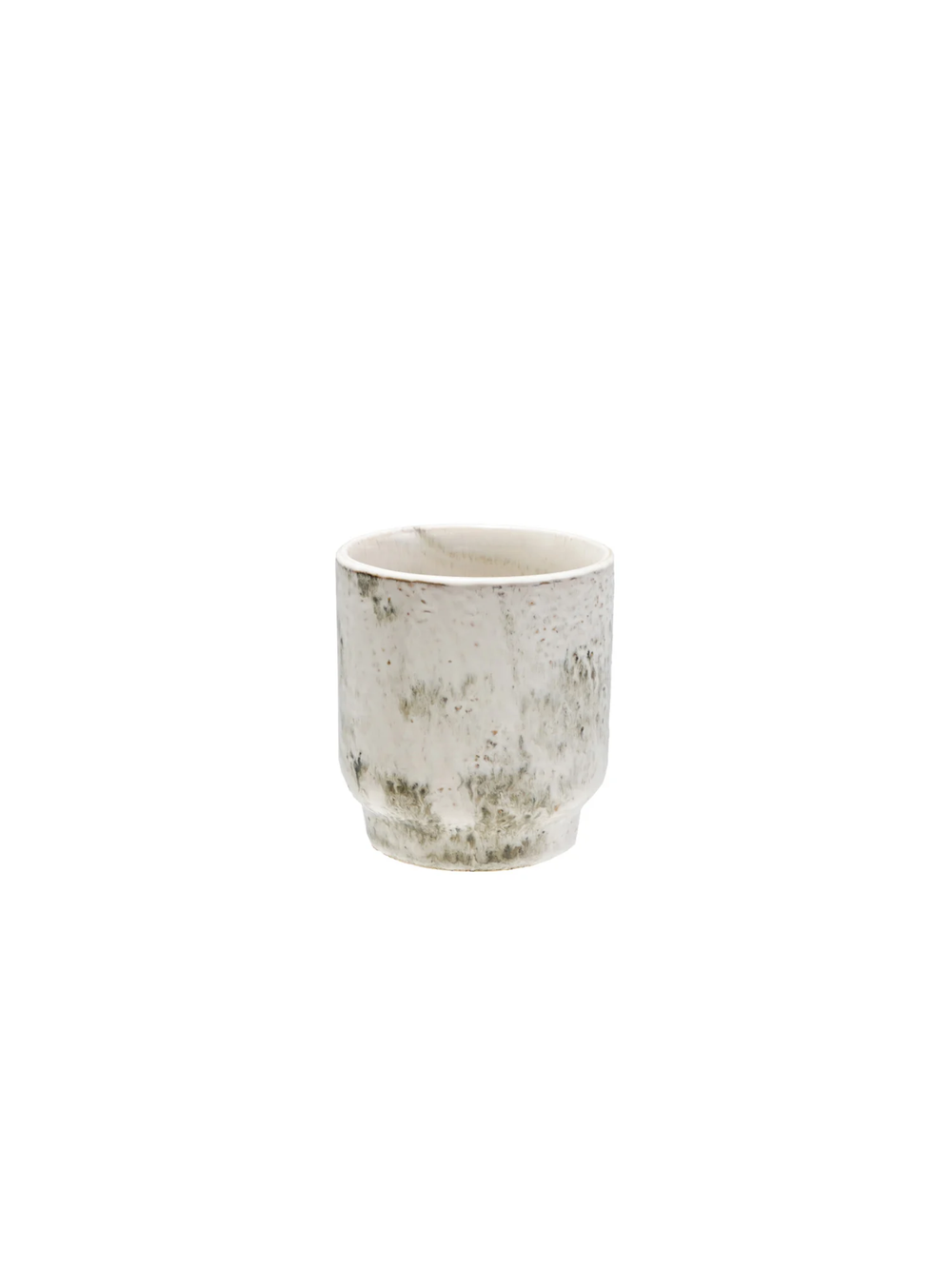 Small ivory stoneware planter with a speckled reactive glaze, subtle footed base, and organic handcrafted finish, ideal for displaying succulents, herbs, or small houseplants.
