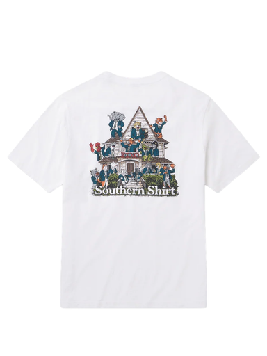 college frat house on a white shirt 
