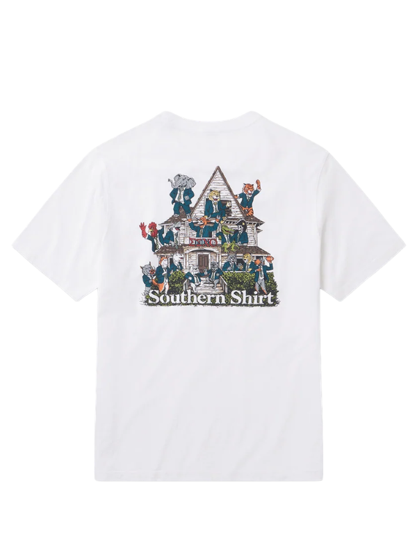 college frat house on a white shirt 