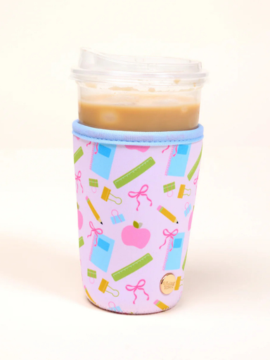 ice coffee koozie pink and books 