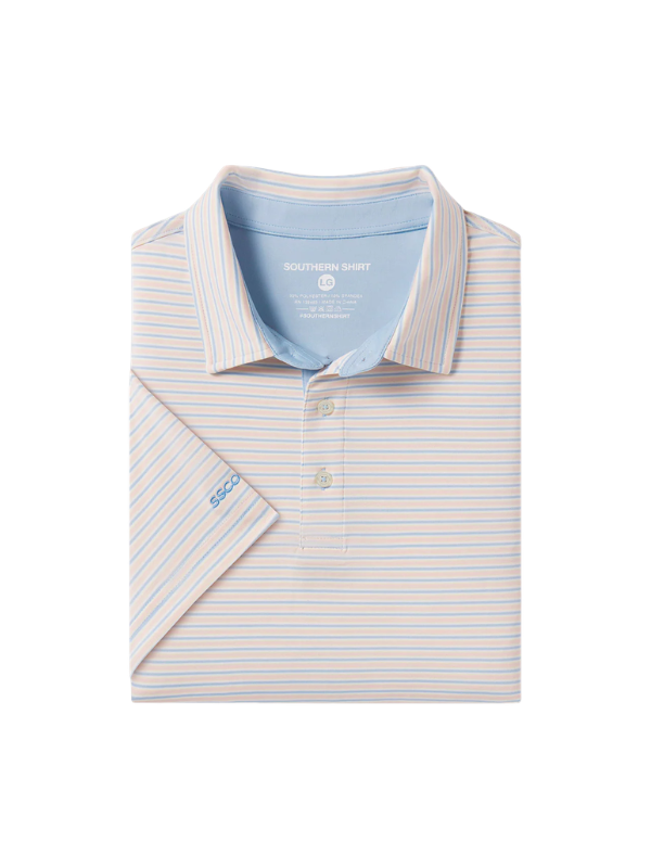 orange and blue striped polo shirt 