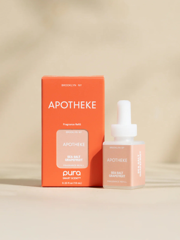 Pura scent with notes of sea salt, pink grapefruit, pink ginger, apple, lemon zest, dew drop accord, lily of the valley, black pepper, geranium, clary sage, tarragon, amber, cedar, and vanilla bean