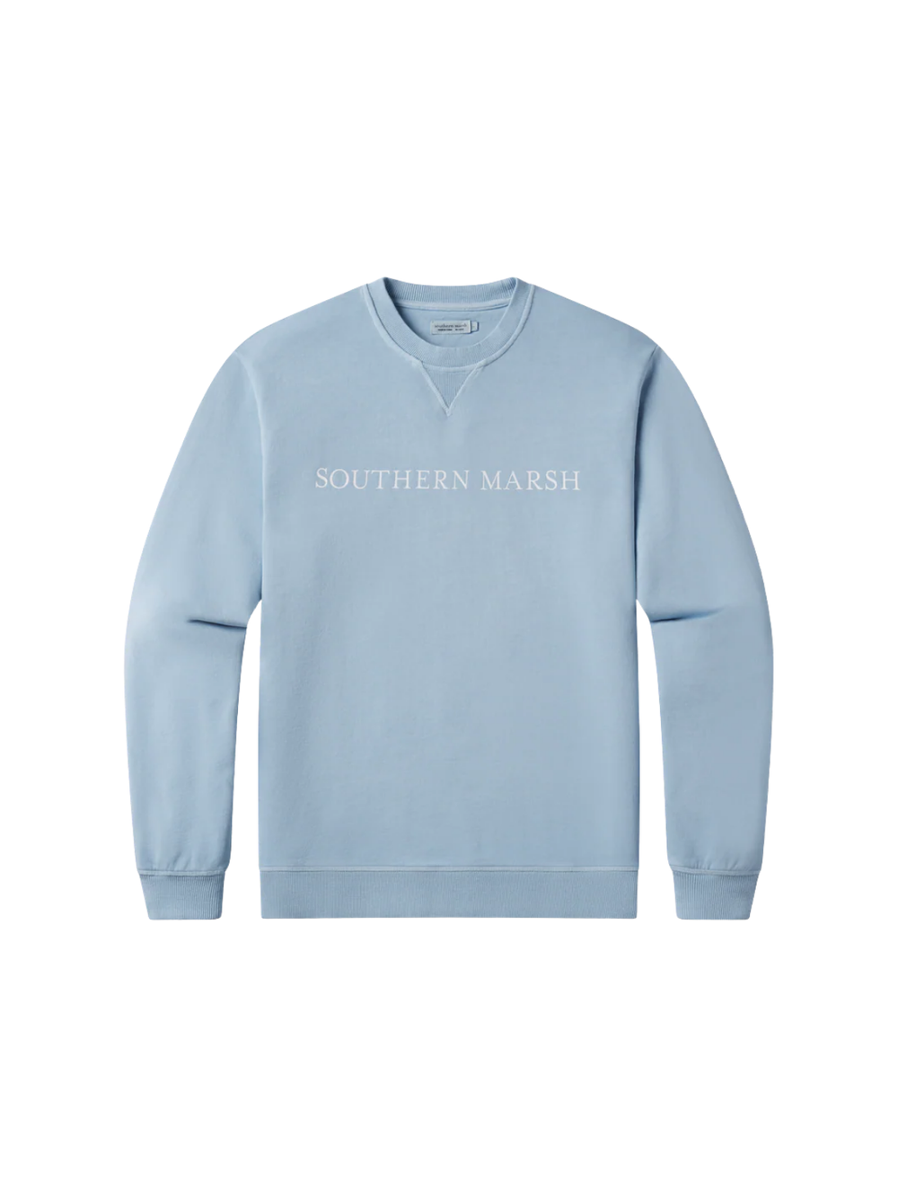 A light blue crewneck sweatshirt with 'SOUTHERN MARSH' printed in white across the chest