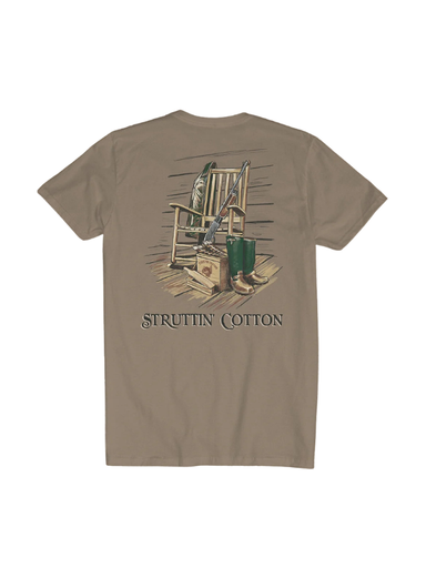 brown tee with hunting gear