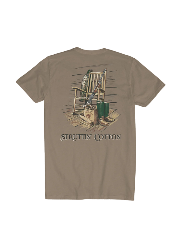 brown tee with hunting gear