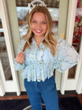 Light blue floral lightweight blouse with smocking