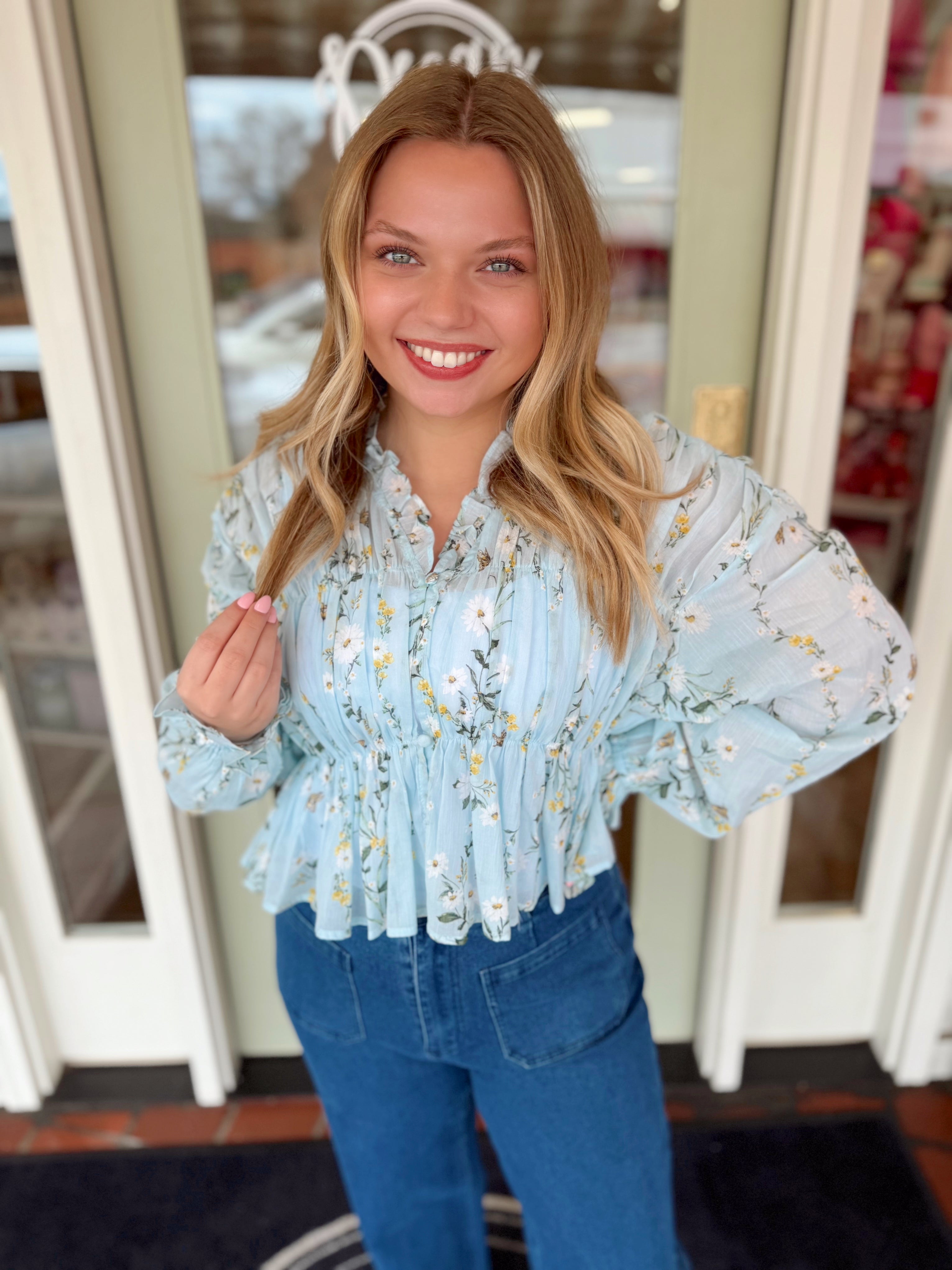 Light blue floral lightweight blouse with smocking