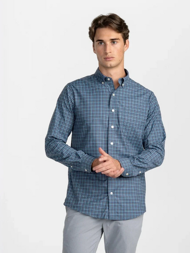 blue and brown plaid long sleeve button down for men