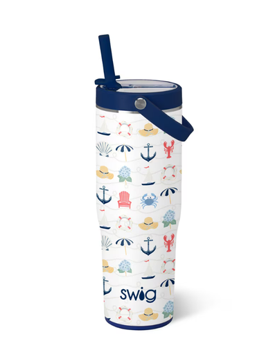 Tumbler with nautical pattern and 'swig' branding on a white background