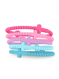 Five silicone beaded bracelets stacked together on a white background, featuring pink, light pink, lavender, and light blue colors with matching cross charms.