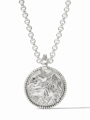 Silver necklace with a detailed pendant on a white background