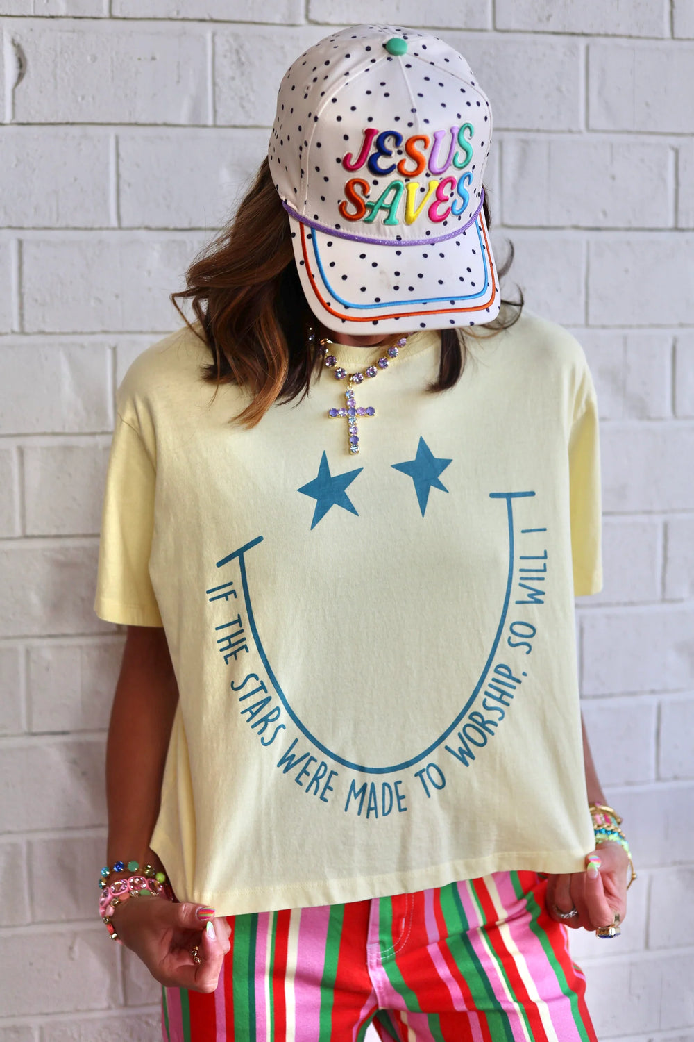 Cropped butter t-shirt with "If The Stars Were Made To Worship So Will I"