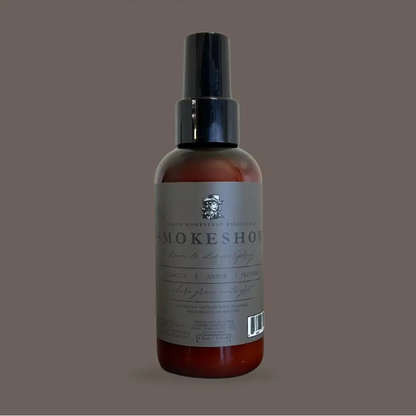 Bottle of Smokeshow room & linen spray on a gray background