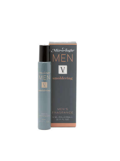 Men's fragrance rollerball with packaging on a white background