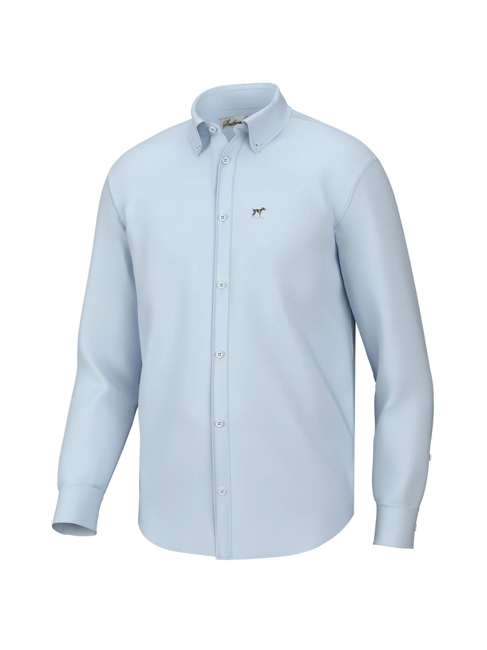 Light blue button-up shirt with a small logo 