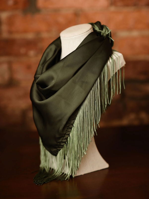 silk Solid Olive Green Fringe Scarf by Tatum James
