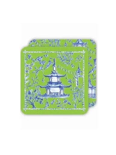 Square Blue and Green Pagoda Handpainted Coasters