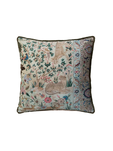 Square Cotton Velvet Pillow with Safari Animals, Botanicals & Tufted Fringe 20"