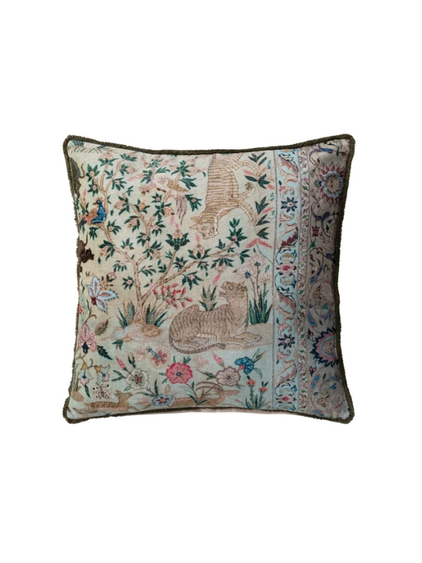 Square Cotton Velvet Pillow with Safari Animals, Botanicals & Tufted Fringe 20"