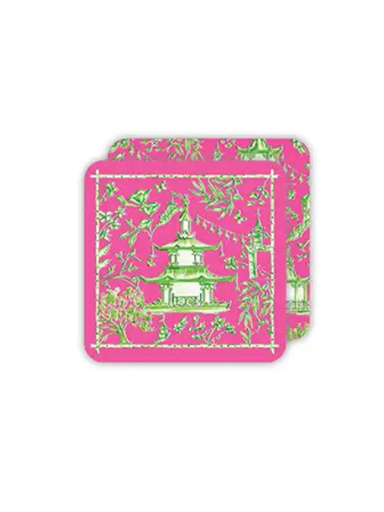 Square Pink and Green Pagoda Handpainted Coasters