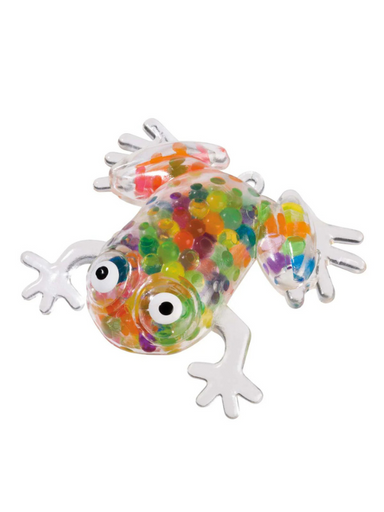 A translucent plastic frog squish toy filled with colorful beads in various colors.
