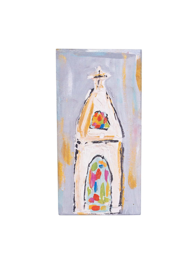 Colorful painting of a church with stained glass windows.