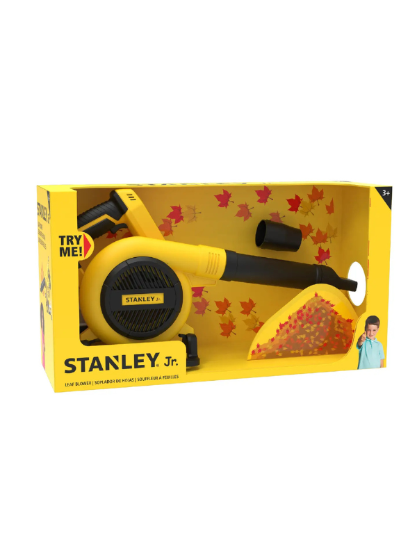 Stanley Jr toy leaf blower in packaging with colorful leaves 