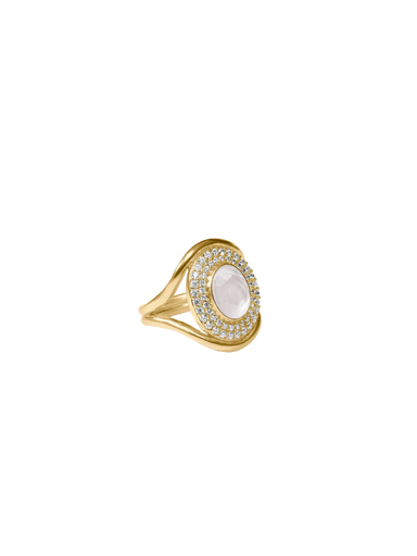 gold ring with mother of pearl in the center with clear stones around the outside