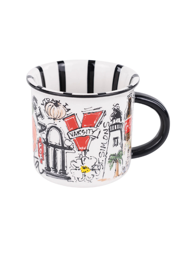 Mug with black handle featuring illustrations special to the state of Georgia 