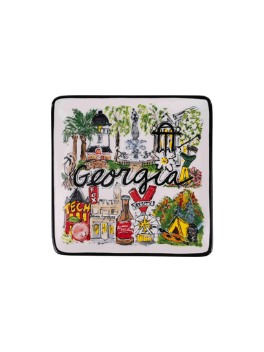 Decorative plate with various symbols and text of Georgia on a white background