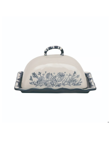 Stoneware Butter Dish With blue Floral Design