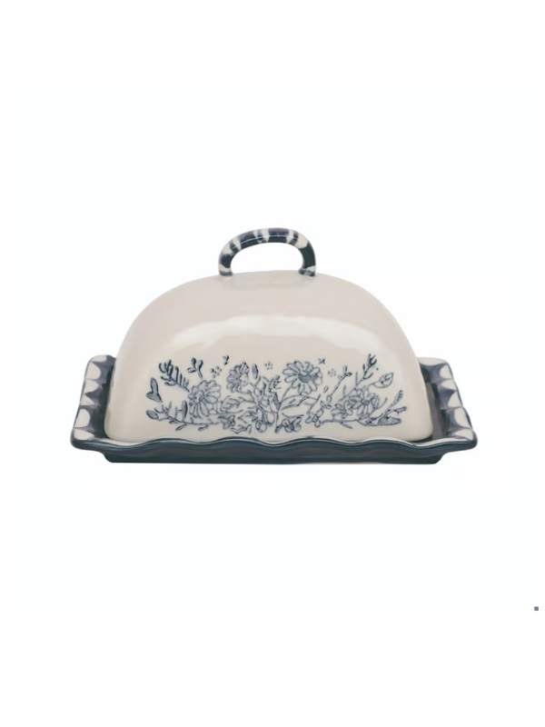 Stoneware Butter Dish With blue Floral Design