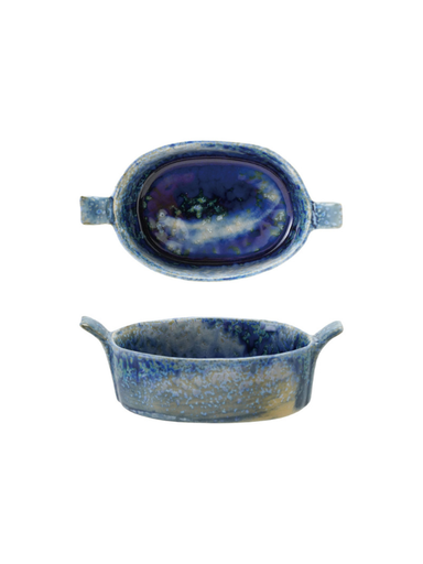 An oval ceramic baking dish with side handles