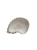 A single irregular shell-shaped ceramic dish or tray with a scalloped rim and concentric ring texture, shown on a plain white background.