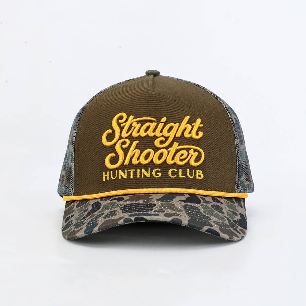 Brown and camouflage cap with 'Straight Shooter Hunting Club' text 