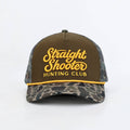Brown and camouflage cap with 'Straight Shooter Hunting Club' text 