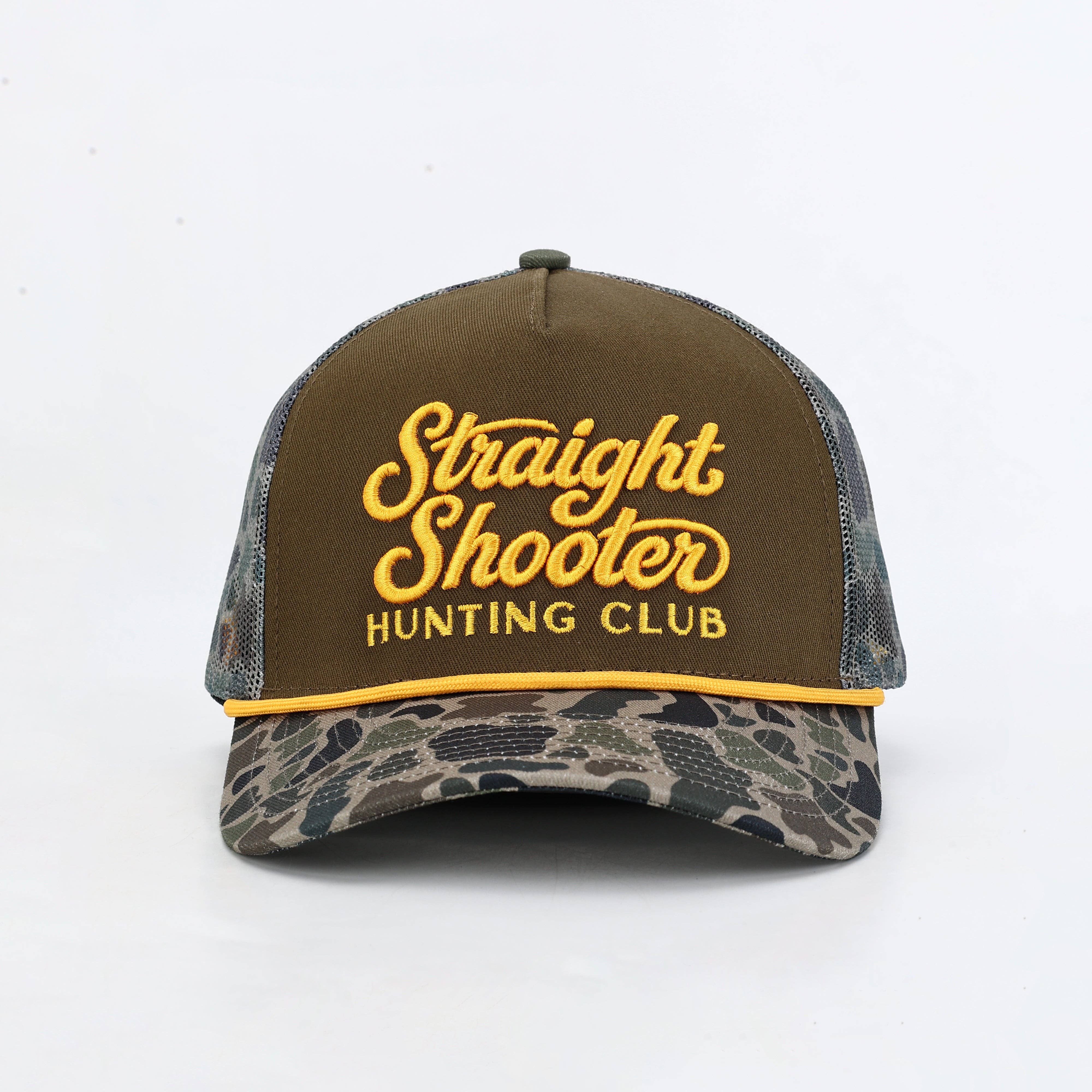 Brown and camouflage cap with 'Straight Shooter Hunting Club' text 