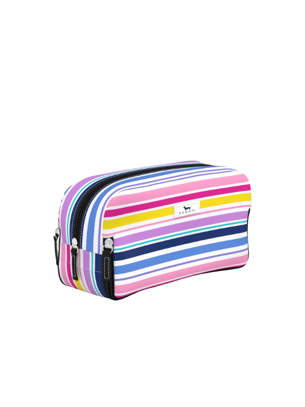 Colorful striped toiletry and makeup bag with zipper compartments 