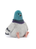 oft plush Jellycat Strutton Pigeon with fluffy grey feathers, rounded body, small wings, and orange legs, standing upright on a neutral background.