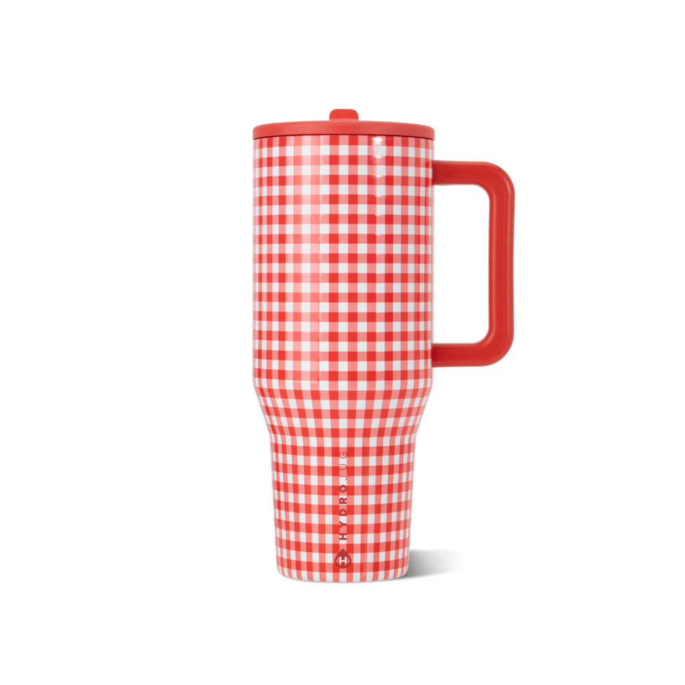red gingham travel mug