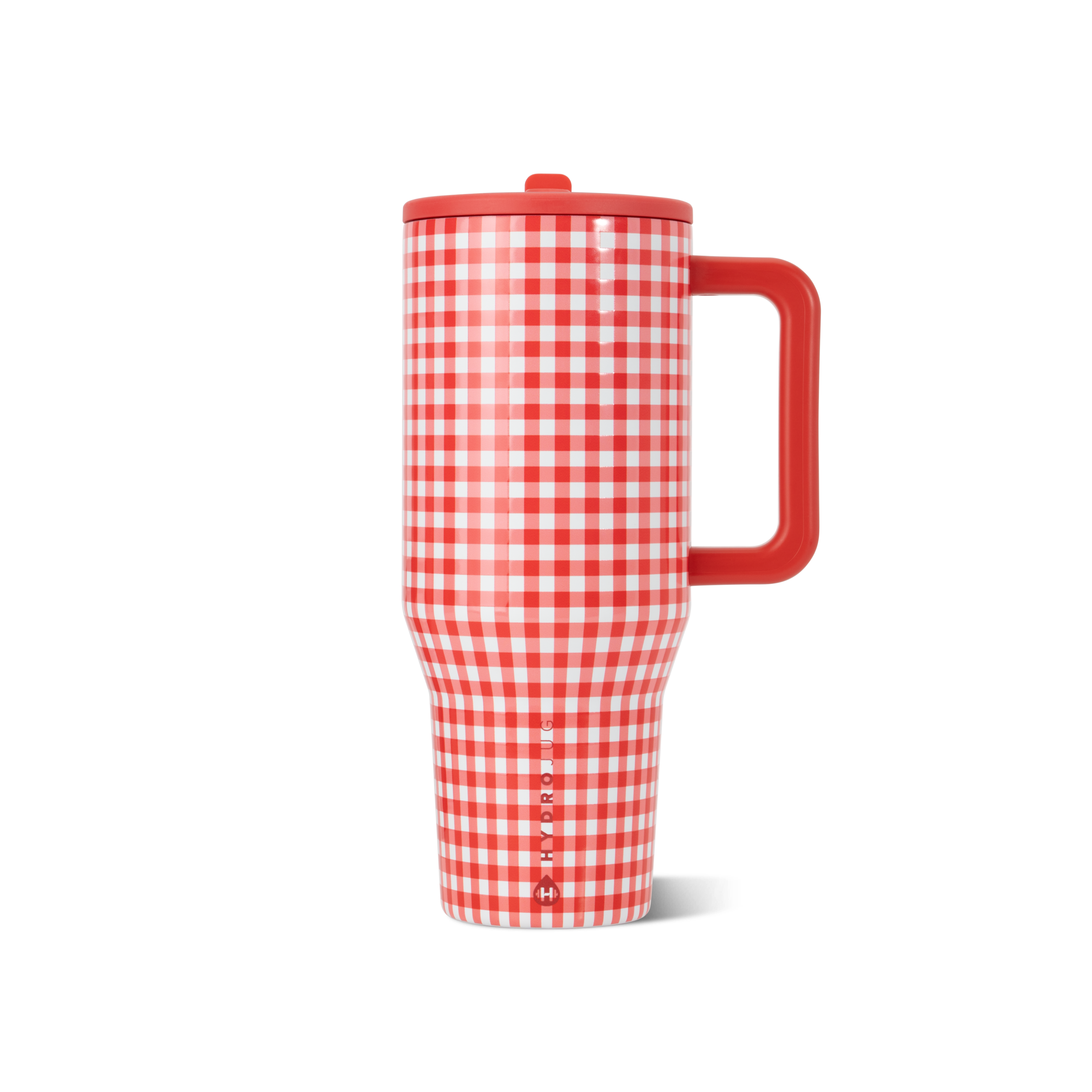 red gingham travel mug