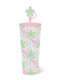Tumbler with turtle design and pink lid on a white background