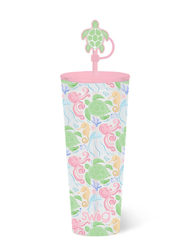 Tumbler with turtle design and pink lid on a white background