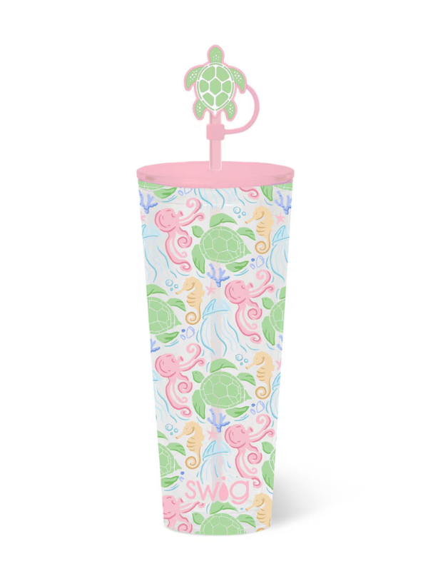 Tumbler with turtle design and pink lid on a white background