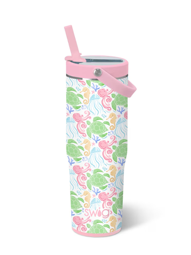 Tumbler with sea turtle pattern and pink lid on a white background