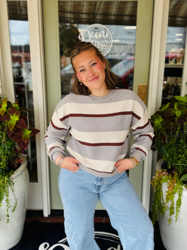 gray and maroon striped sweater top 