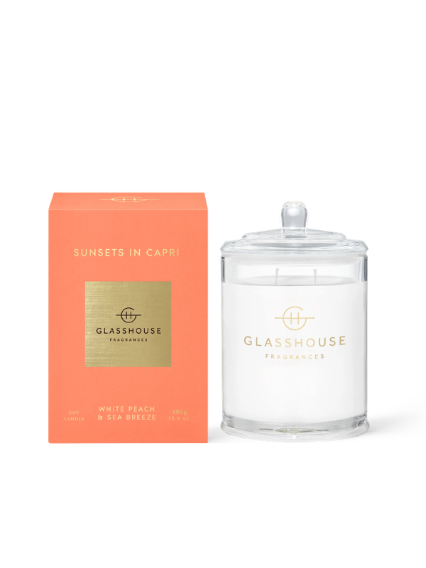 white peach and sea breeze sunsets in capri non-toxic soy wax glass candle by glasshouse fragrances