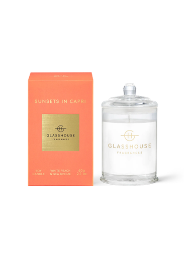 white peach and sea breeze sunsets in capri coastal scent non-toxic soy wax glass candle by glasshouse fragrances