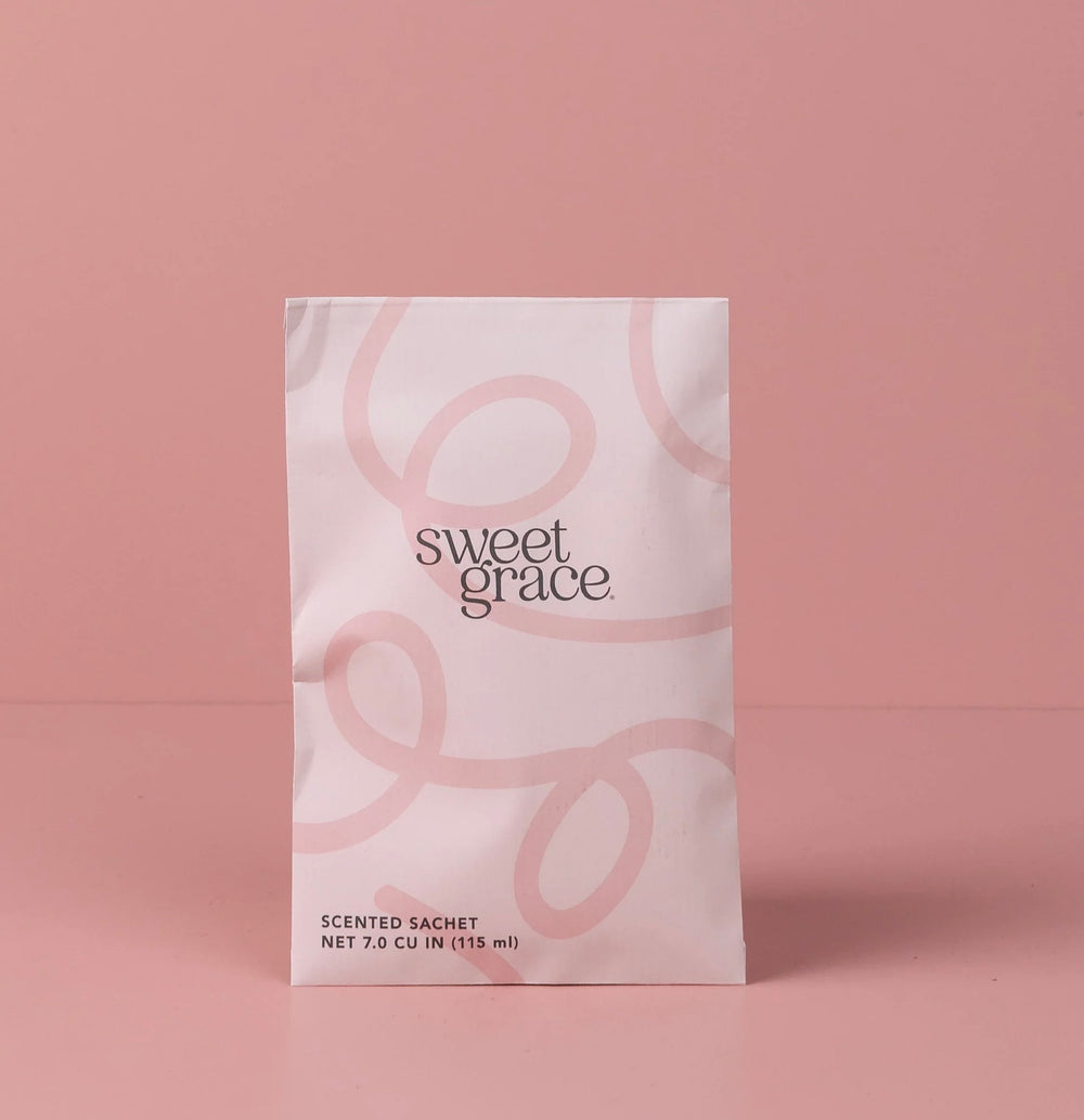 A scented sachet from Bridgewater's Sweet Grace collection, with a pink and white swirl design