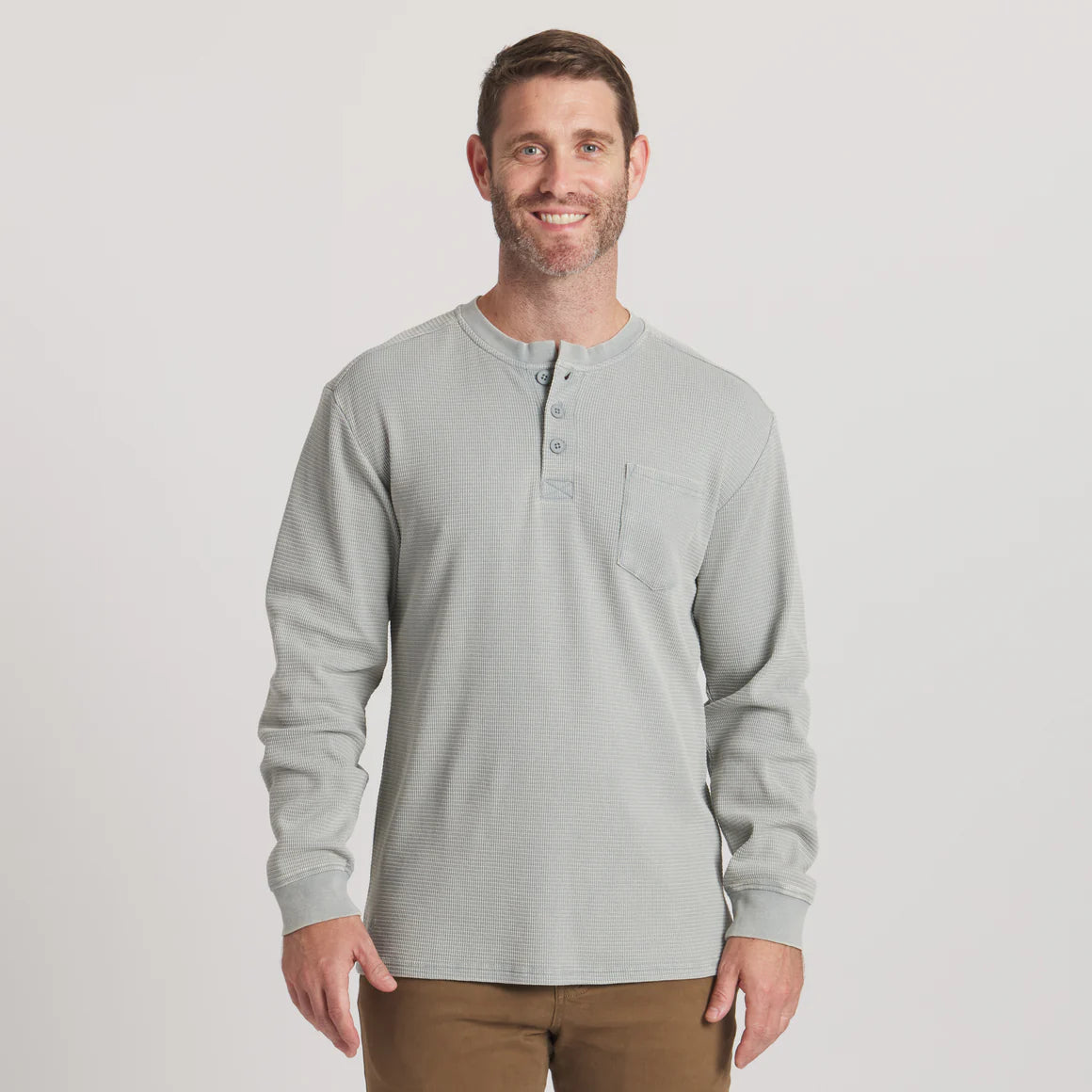 Long Sleeve Seawash Vintage Waffle Henley in Burnt Sage By Southern Marsh